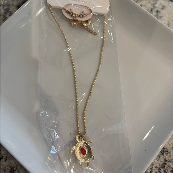 Gold Turtle Pendant Necklace with Red Stone and Earring Set - Picture 4 of 5